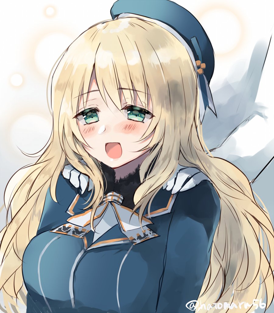 1boy, 1girl, admiral_(kancolle), atago_(kancolle), blonde_hair, blue_eyes, blue_hat, blush