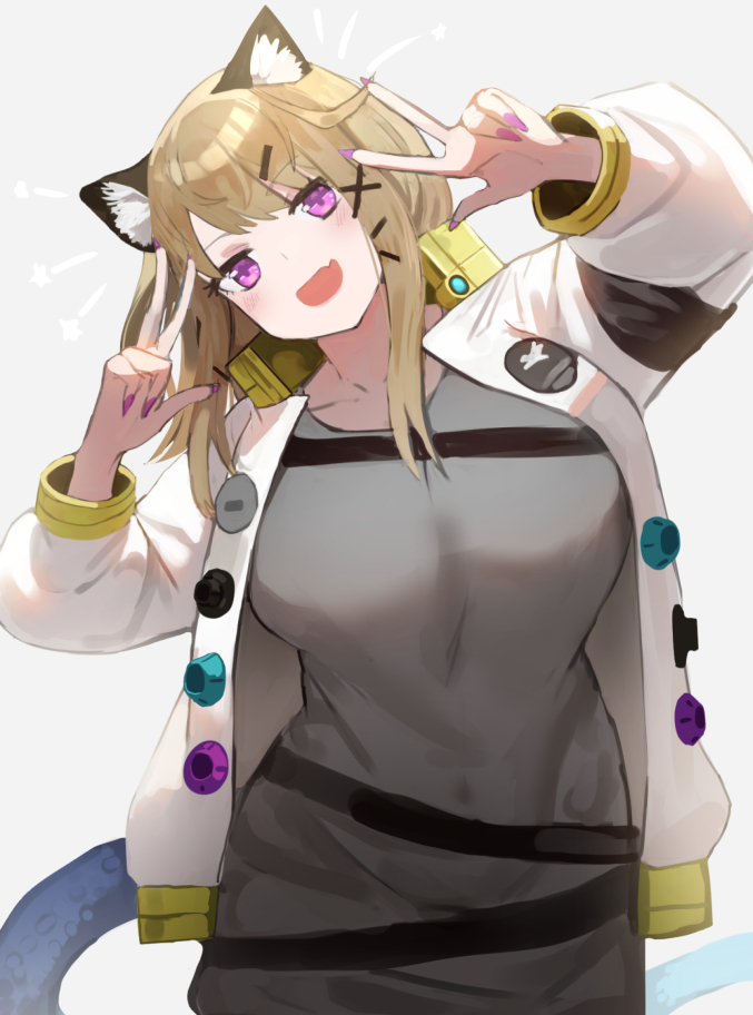 1girl, animal_ear_fluff, animal_ears, arknights, blush, breasts, commentary, cowboy_shot