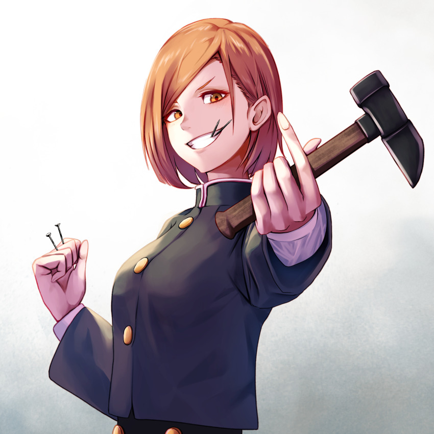 1girl, black_jacket, brown_eyes, brown_hair, grin, hammer, hand_up, highres