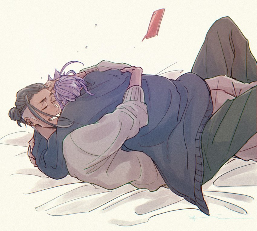 2boys, alternate_costume, bed_sheet, black_hair, blush, clenched_teeth, closed_eyes, commentary_request