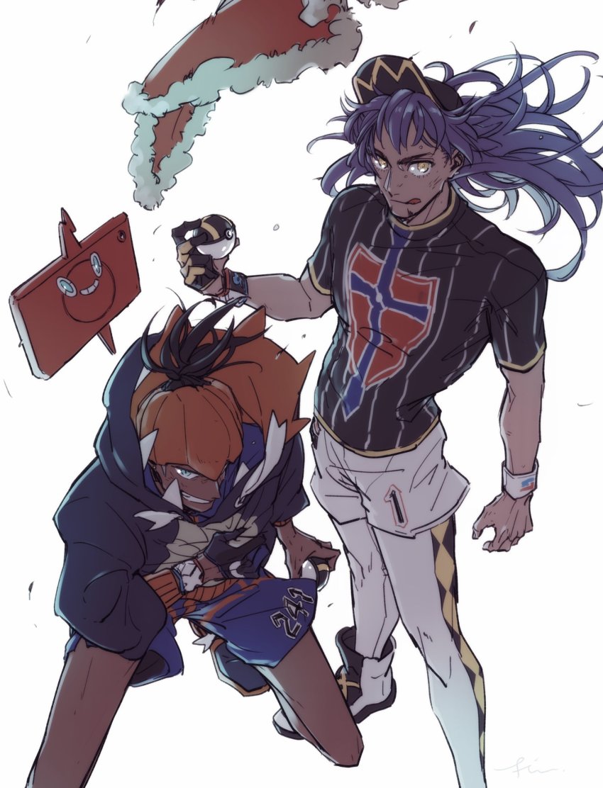 2boys, :q, baseball_cap, black_hair, black_hoodie, cape, champion_uniform, commentary_request