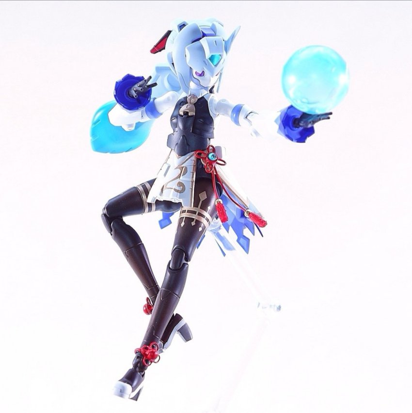 1girl, blue_hair, breasts, floating_hair, fusion, ganyu_(genshin_impact), genshin_impact, gundam