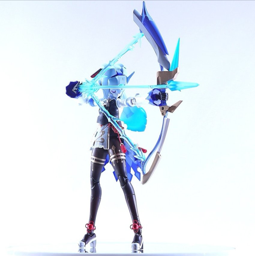 1girl, blue_hair, bow_(weapon), breasts, floating_hair, fusion, ganyu_(genshin_impact), genshin_impact