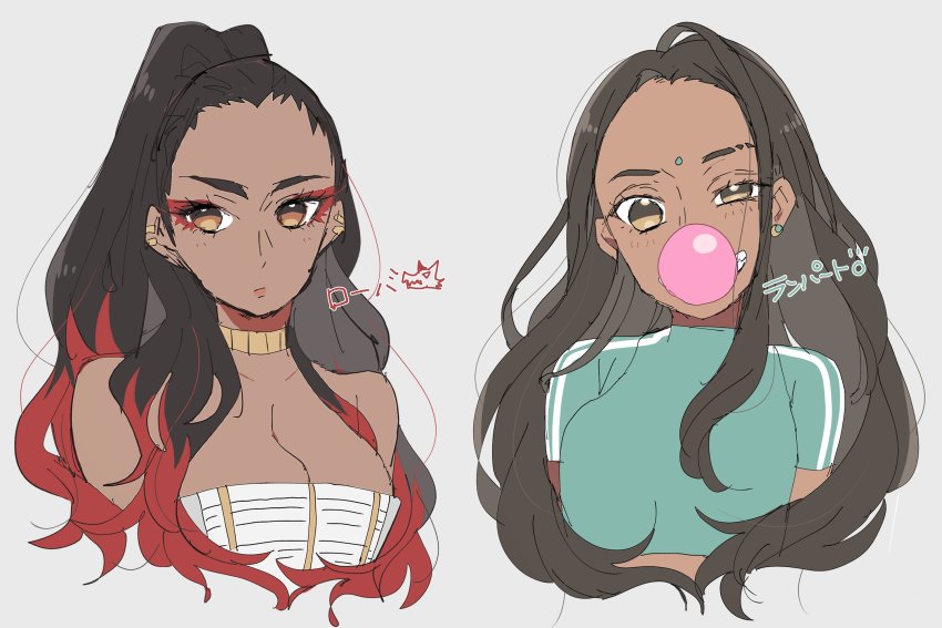 2girls, alternate_hair_length, alternate_hairstyle, animification, apex_legends, blowing_bubble_gum, blowing_bubbles, breasts