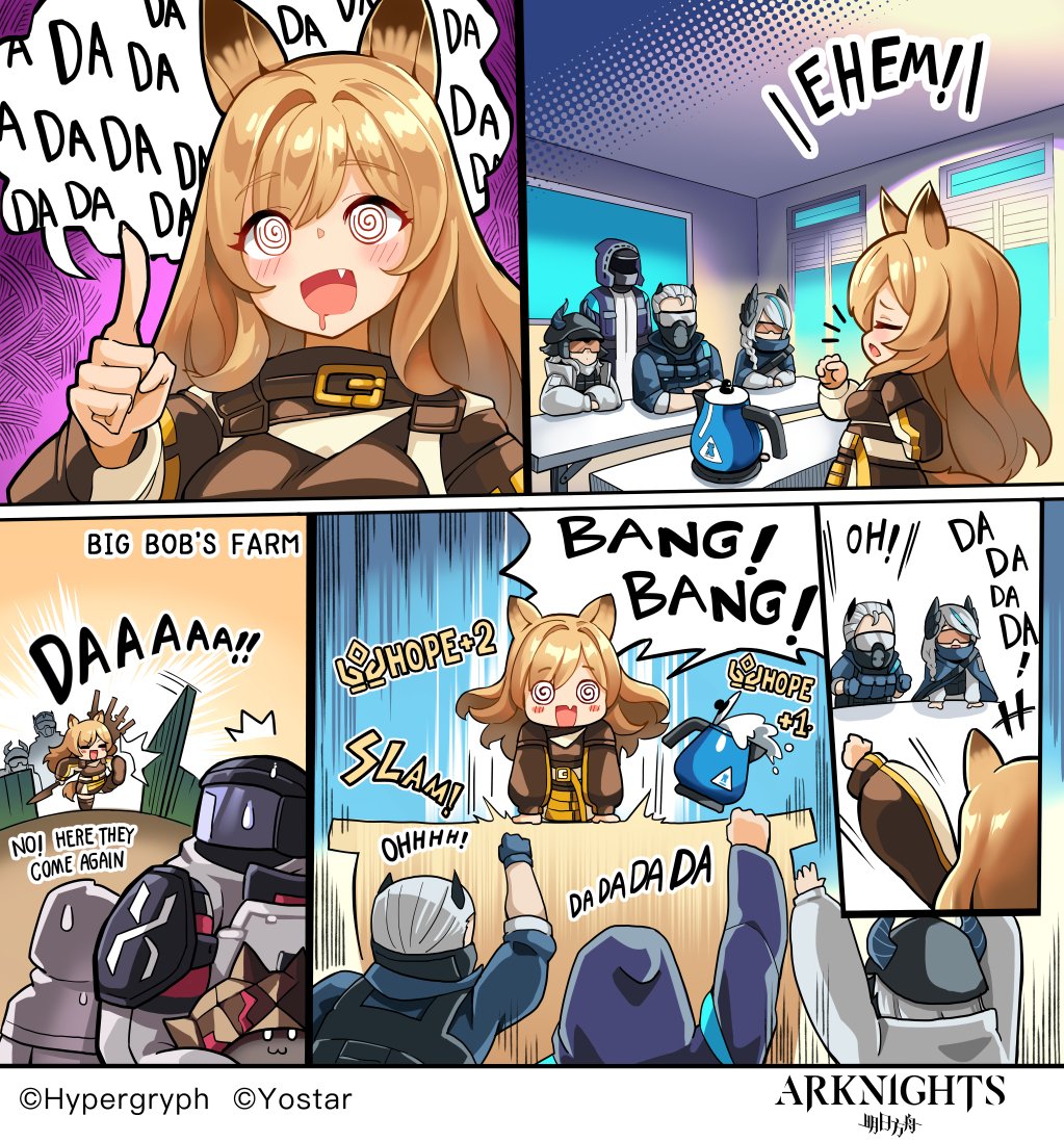 1boy, 2others, 3girls, @_@, arknights, big_bob_(arknights), bird_girl, body_armor, ceobe_(arknights), cow_girl, cow_horns, demon_boy, demon_horns, doctor_(arknights), english_text, feather_hair, gameplay_mechanics, gas_mask, goggles, helmet, hm_(hmongt), horns, kettle, mask, multiple_girls, multiple_others, originium_slug_(arknights), pith_(arknights), reunion_soldier_(arknights), speech_bubble, stormeye_(arknights), sunglasses, touch_(arknights)