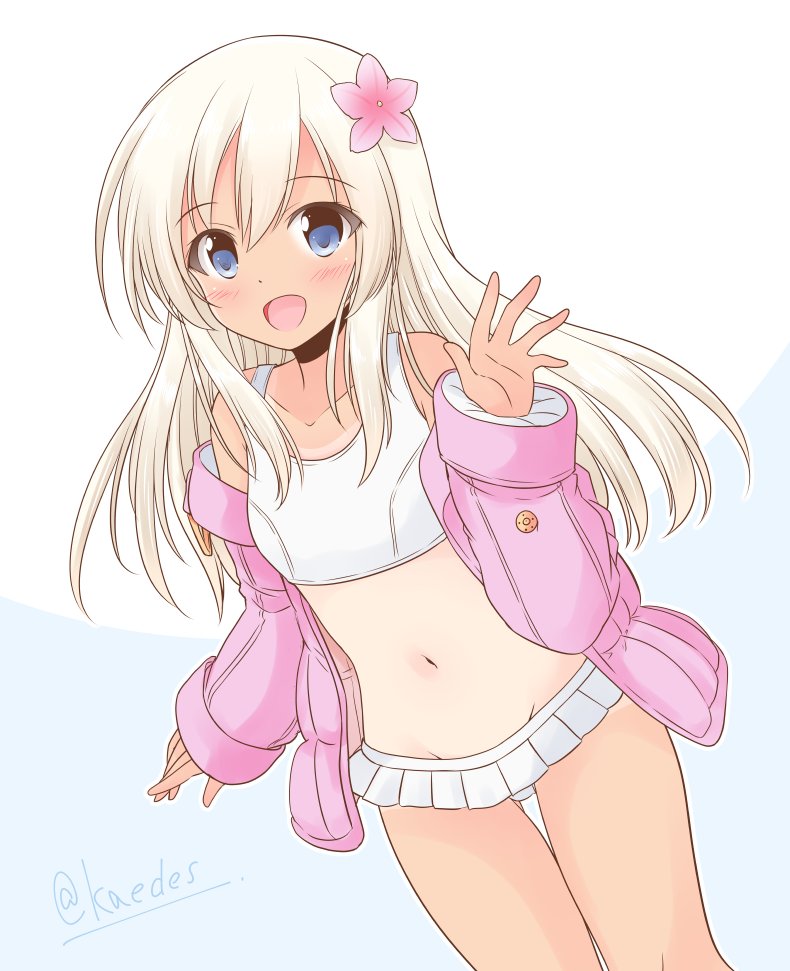 1girl, bikini, blonde_hair, blue_eyes, commentary_request, cowboy_shot, flower, frilled_bikini