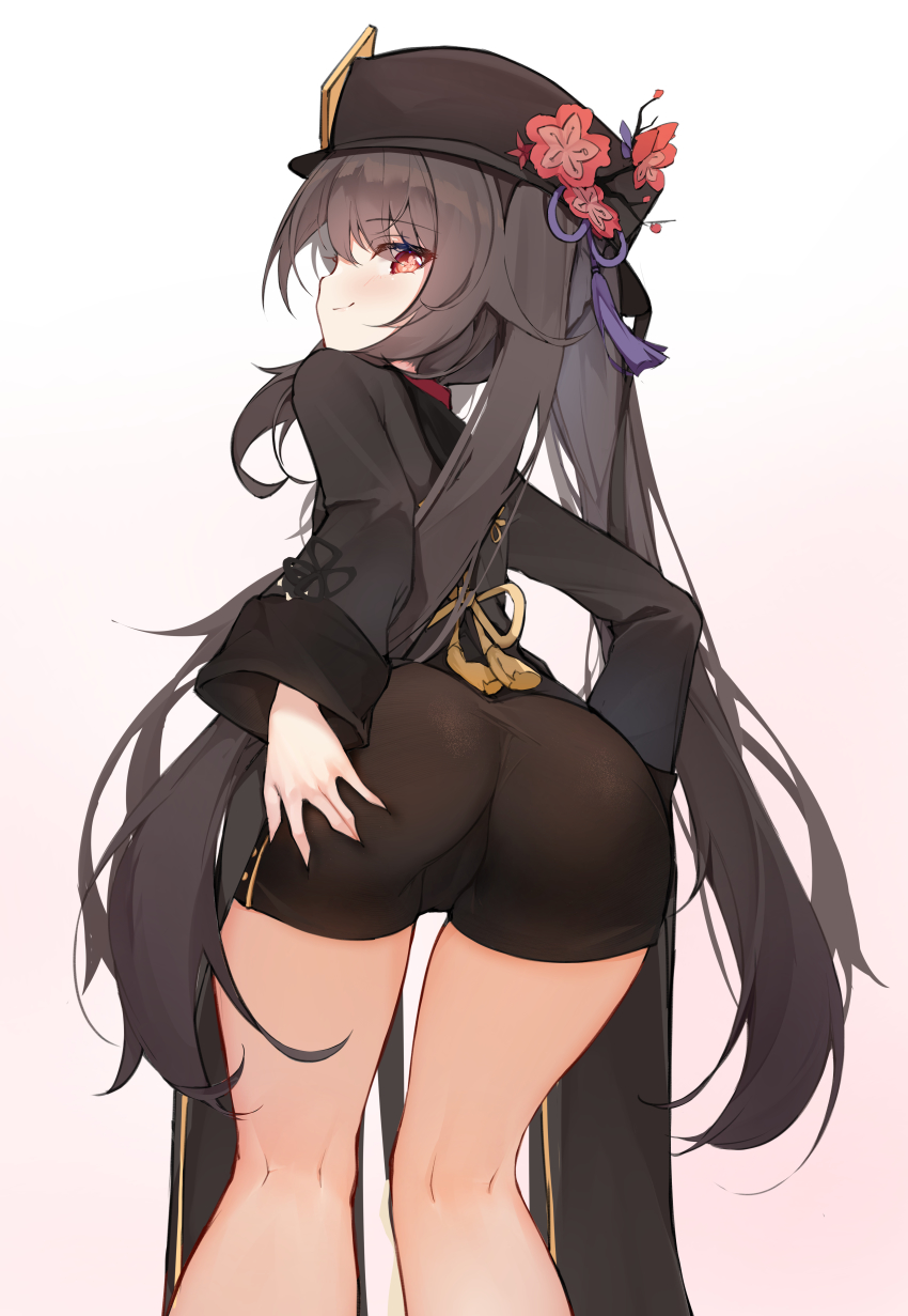 1girl, absurdres, ass, black_hair, black_hat, black_shirt, black_shorts, chinese_clothes, flower, from_behind, genshin_impact, hat, hat_flower, highres, hu_tao_(genshin_impact), leaning_forward, long_hair, long_sleeves, looking_at_viewer, looking_back, plum_blossoms, red_eyes, rika_(mikunopantsu), shirt, short_shorts, shorts, simple_background, smile, solo, standing, thighs, twintails, very_long_hair, white_background