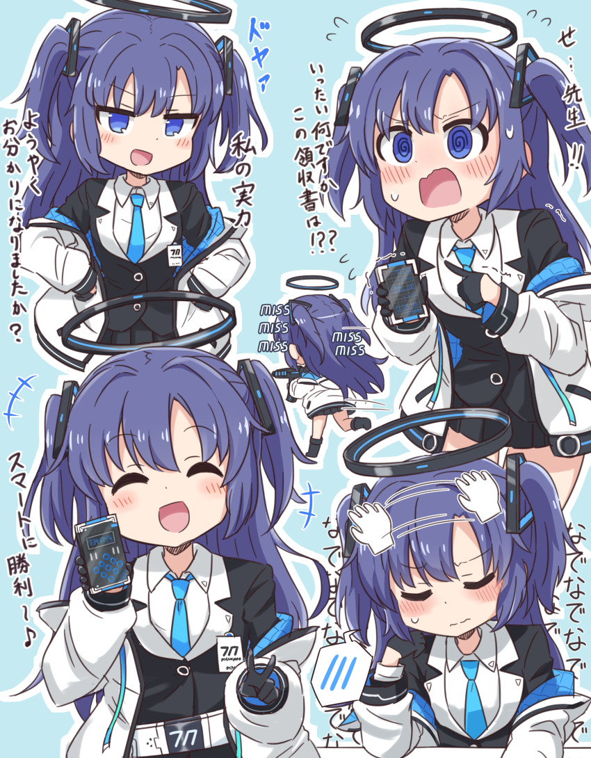 1girl, :d, @_@, ^_^, absurdres, black_footwear, black_gloves, black_jacket, black_skirt, blue_archive, blue_eyes, blue_hair, blue_neckwear, blush, boots, cellphone, chibi, closed_eyes, collared_shirt, commentary_request, flying_sweatdrops, gloves, gun, guriin, half_gloves, halo, hands_in_pockets, highres, holding, holding_gun, holding_phone, holding_weapon, jacket, long_hair, multiple_views, necktie, open_clothes, open_jacket, open_mouth, headpat, phone, pleated_skirt, pointing, shirt, skirt, smile, spoken_blush, translation_request, trembling, two_side_up, v, very_long_hair, wavy_mouth, weapon, white_jacket, white_shirt, yuuka_(blue_archive)