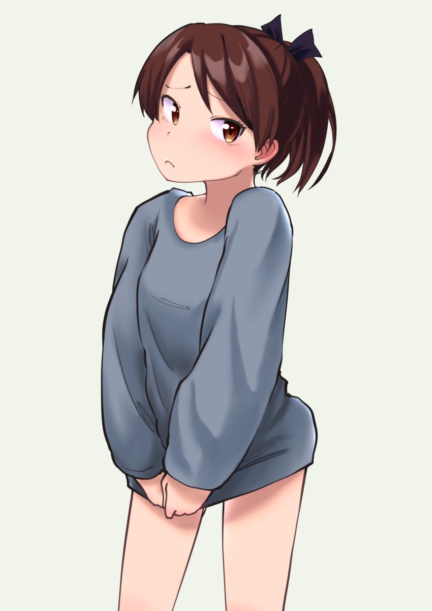 1girl, absurdres, alternate_costume, brown_eyes, brown_hair, contrapposto, frown, grey_background