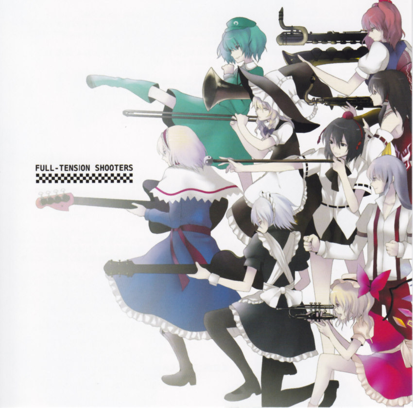 6+girls, album_cover, alice_margatroid, apron, baritone_saxophone, bass_guitar, blonde_hair, bow