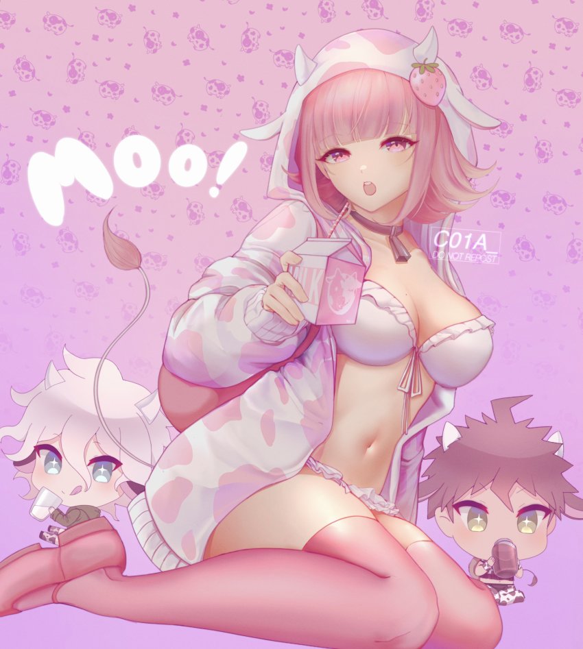 1girl, 2boys, ahoge, alternate_costume, animal_print, bikini, bra, breasts