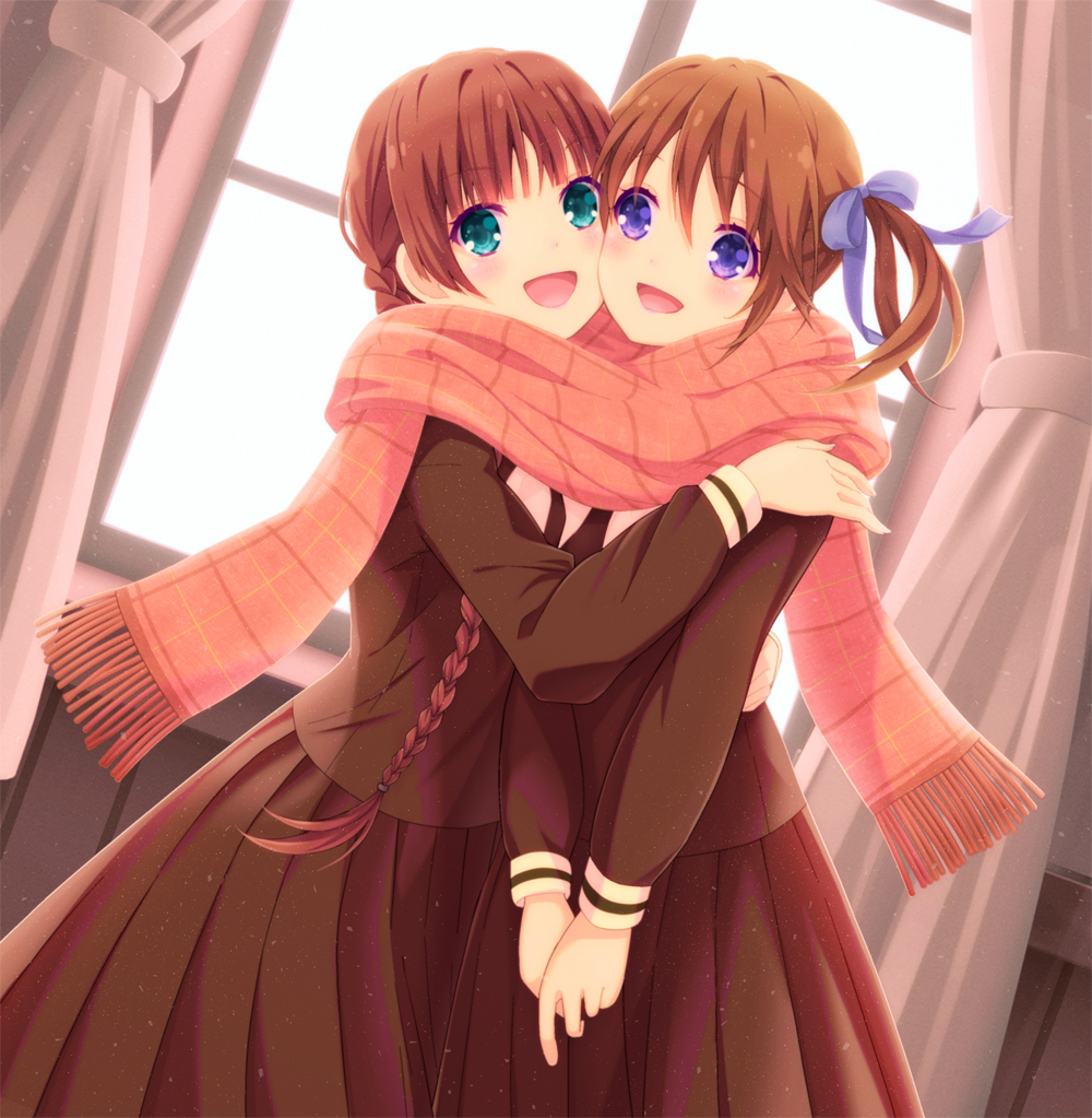 2girls, braid, brown_hair, cheek-to-cheek, curtains, frilled_scarf, fukuzawa_yumi, green_eyes
