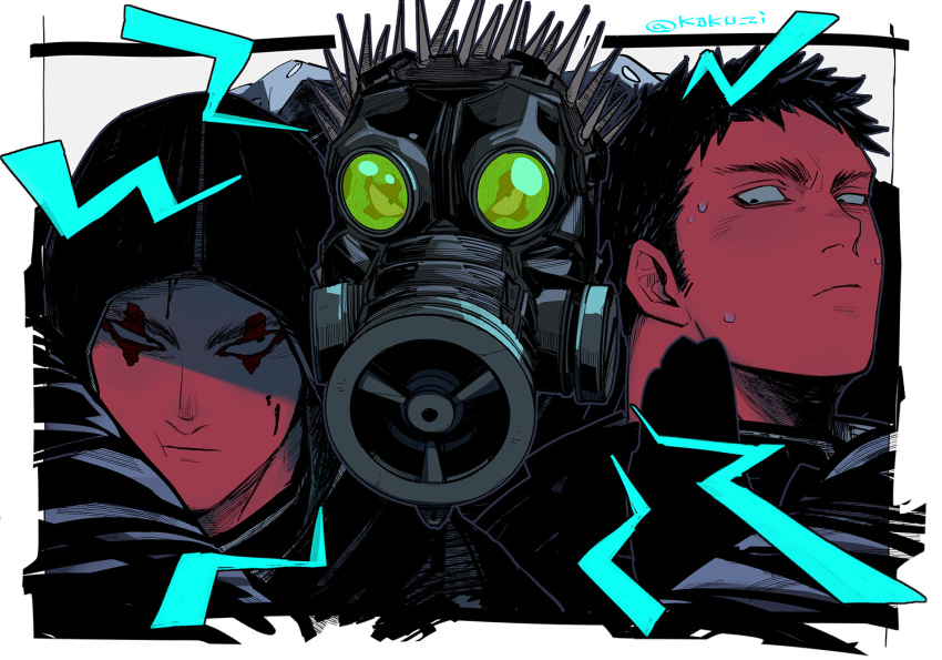 3boys, aikawa_(dorohedoro), arm_around_shoulder, blood, blood_on_face, caiman_(dorohedoro), character_request, check_character
