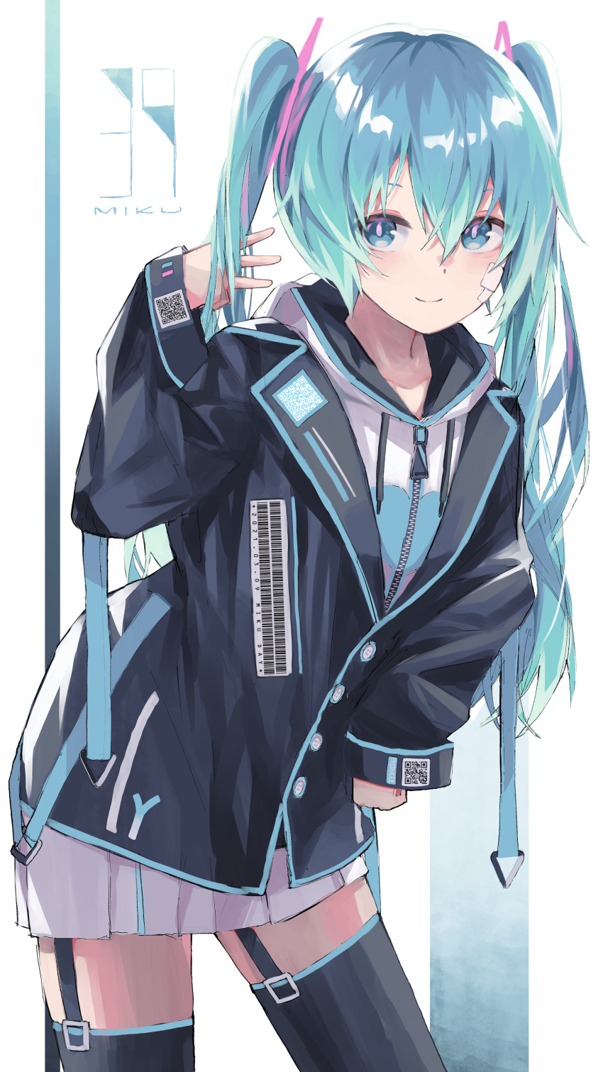 1girl, 39, absurdres, aqua_eyes, aqua_hair, azarasi_haru, bandage_on_face, bandages, barcode, black_jacket, character_name, commentary, garter_straps, hair_ornament, hand_on_own_hip, hand_up, hatsune_miku, highres, hood, hoodie, jacket, leaning_forward, long_hair, looking_at_viewer, qr_code, smile, solo, spring_onion_print, standing, thighhighs, twintails, very_long_hair, vocaloid, w, white_background, white_hoodie, zettai_ryouiki, zipper, zipper_pull_tab
