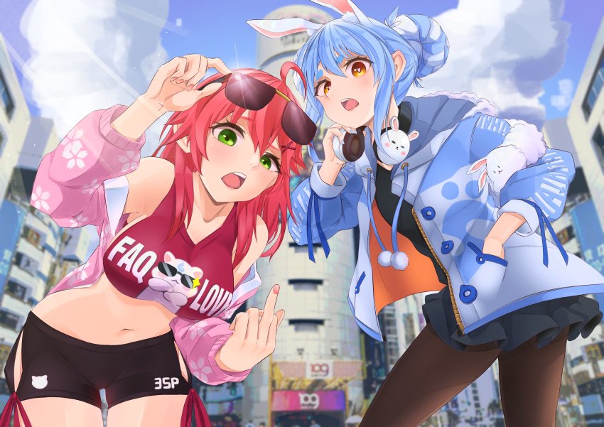 2girls, 35p_(sakura_miko), absurdres, ahoge, animal_ears, bare_shoulders, blue_hair, blue_sky
