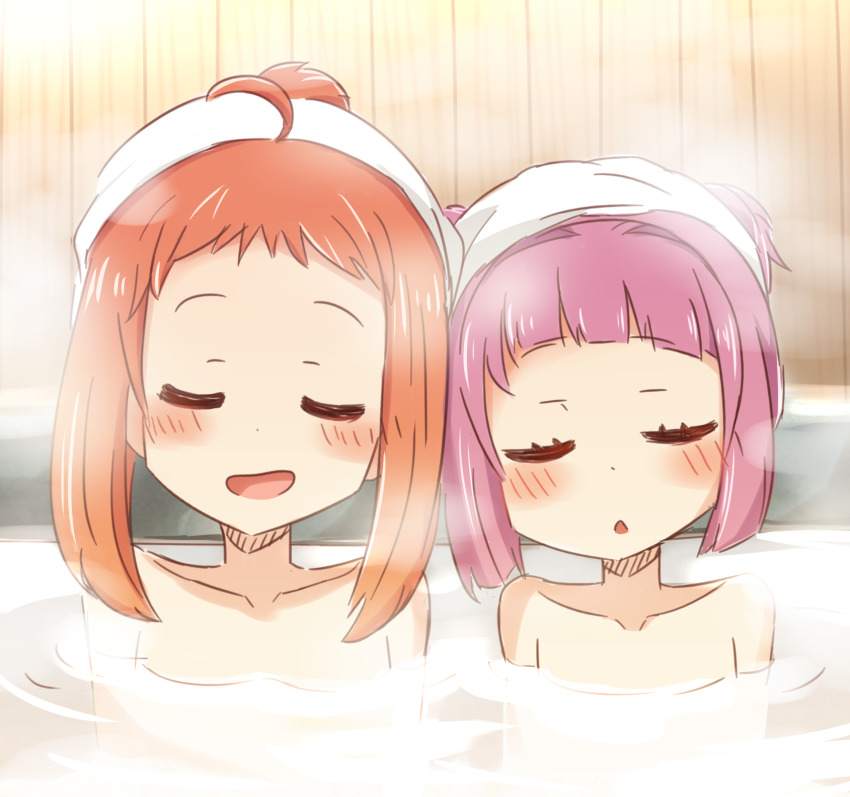 2girls, :d, ahoge, blush, brown_hair, character_request, collarbone, closed_eyes