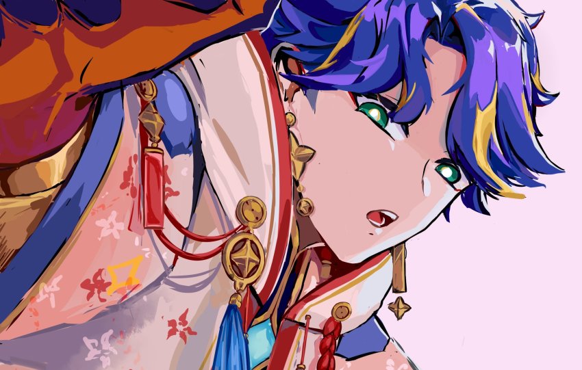 1boy, :o, astel_leda, blonde_hair, blue_hair, bright_pupils, earrings, gloves, green_eyes, hair_behind_ear, highres, holostars, jewelry, looking_at_viewer, looking_down, male_focus, multicolored_hair, open_mouth, orange_gloves, purple_background, shua, solo, streaked_hair, upper_body, virtual_youtuber, white_pupils