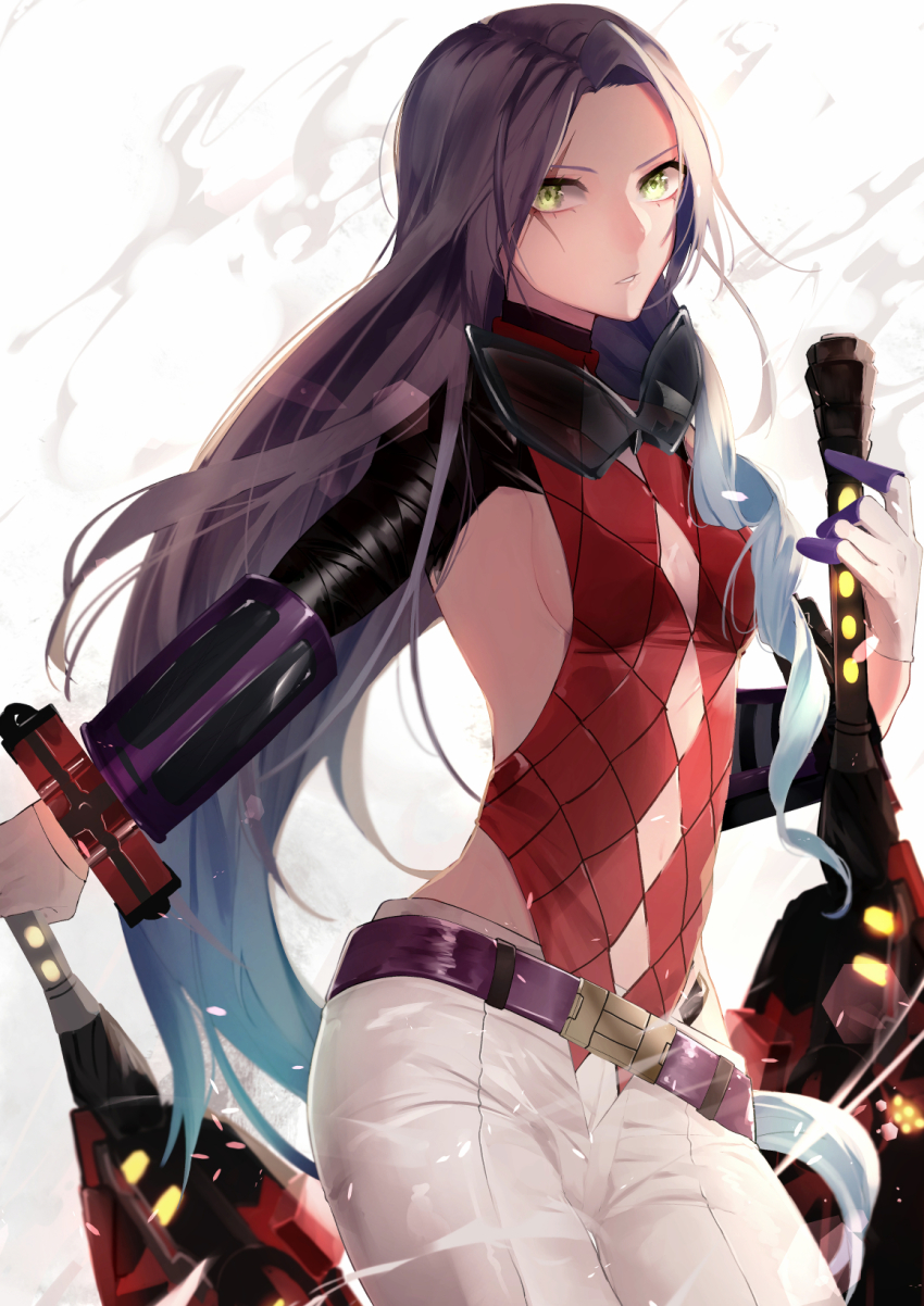 1girl, belt, blue_hair, breasts, brown_hair, cleavage, dual_wielding, gloves