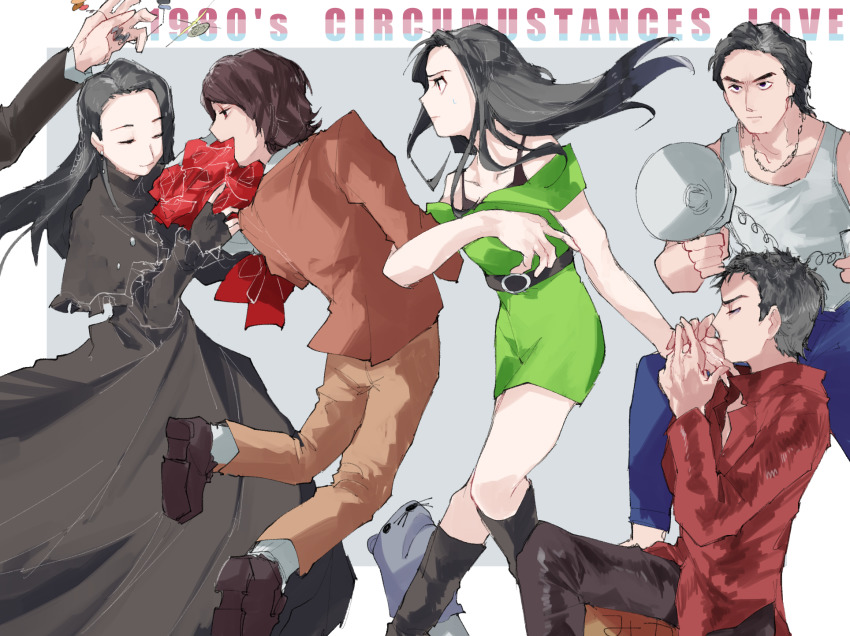 2girls, 4boys, arm_up, asou_yuri, bags_under_eyes, bare_shoulders, belt, black_bra, black_capelet, black_dress, black_eyes, black_footwear, black_gloves, black_hair, black_pants, blue_pants, boots, border, bouquet, bra, bra_strap, braid, brown_footwear, brown_hair, brown_jacket, brown_pants, capelet, chikichi, closed_mouth, coin, collarbone, dress, earrings, english_text, engrish_text, closed_eyes, fingerless_gloves, flower, frilled_capelet, frills, from_behind, from_side, glint, gloves, green_dress, grey_background, grey_shirt, half-closed_eyes, hand_up, hands_up, happy, highres, holding, holding_bouquet, holding_hands, itoya_ryou, jacket, japanese_text, jewelry, jiro_(kamen_rider_kiva), jumping, kamen_rider, king_(kamen_rider_kiva), knee_boots, knees_together_feet_apart, kurenai_otoya, locked_arms, long_hair, long_sleeves, matching_hair/eyes, maya_(kamen_rider_kiva), megaphone, multiple_boys, multiple_girls, necklace, off_shoulder, on_one_knee, open_clothes, open_jacket, open_mouth, outside_border, pants, profile, ranguage, red_eyes, red_flower, red_jacket, red_rose, riki_(kamen_rider_kiva), rose, shirt, shoes, short_dress, short_hair, short_sleeves, simple_background, sleeveless, sleeveless_shirt, smile, socks, standing, sweat, tank_top, translated, typo, underwear, v-shaped_eyebrows, white_border, white_legwear
