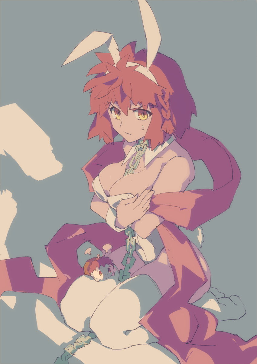 1girl, absurdres, animal_ears, between_breasts, breast_hold, breasts, chain, chain_leash