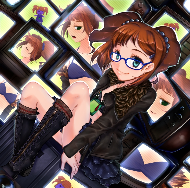 1girl, beads, black_footwear, black_jacket, blue_skirt, boots, brown_hair, coco_(animal_crossing)