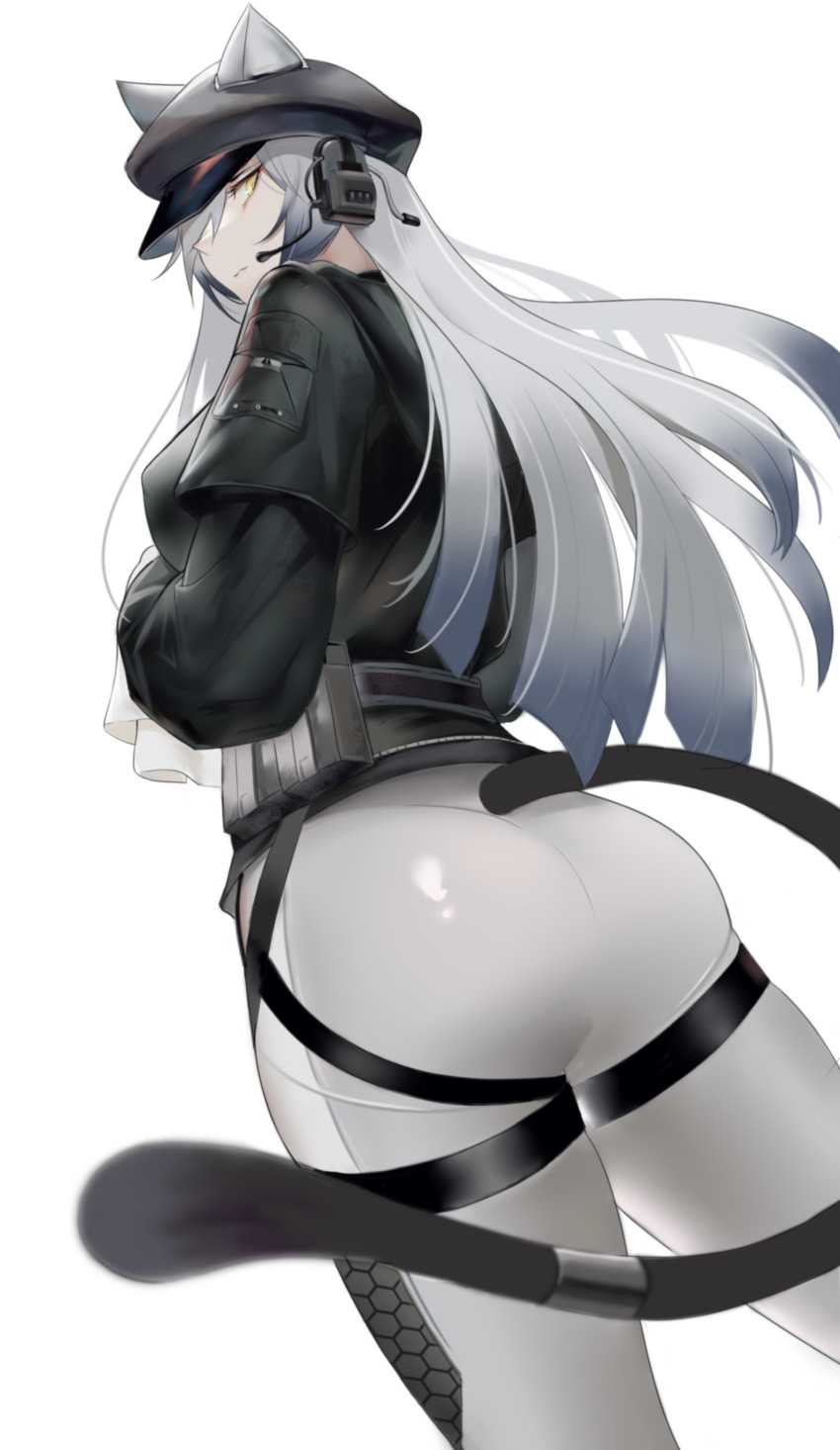 1girl, absurdres, animal_ears, arknights, ass, black_hat, black_jacket, newsboy_cap