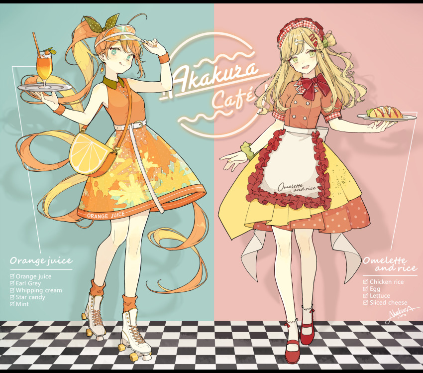 2girls, :q, ahoge, akakura, apron, arm_up, artist_name, back_bow