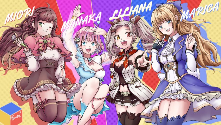 4girls, absurdres, antennae, blonde_hair, blue_bow, blue_dress, bow, breasts