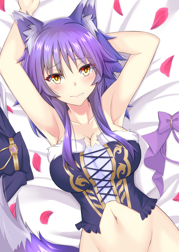 1girl, animal_ears, arm_behind_head, armpits, arms_up, bare_shoulders, bed_sheet, blush