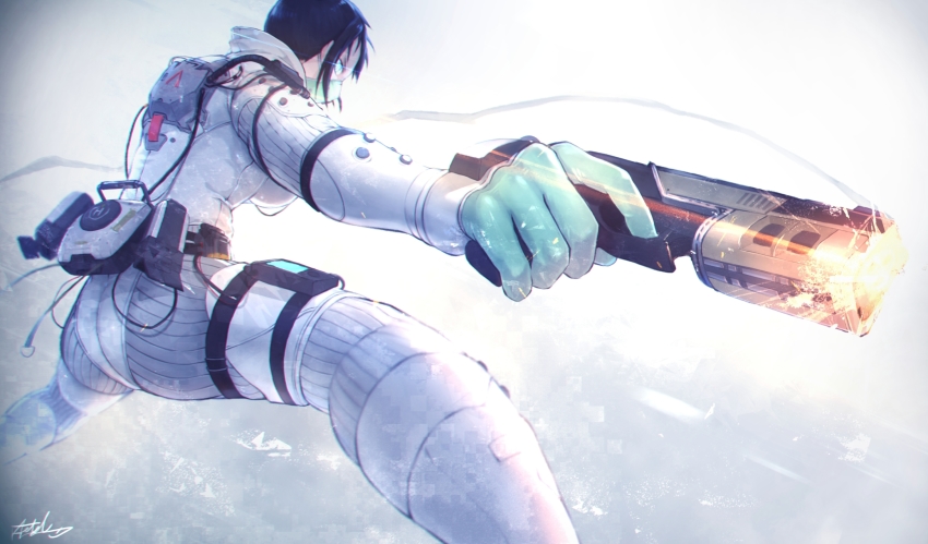 1girl, animification, apex_legends, ass, black_hair, blue_eyes, bodysuit, breasts