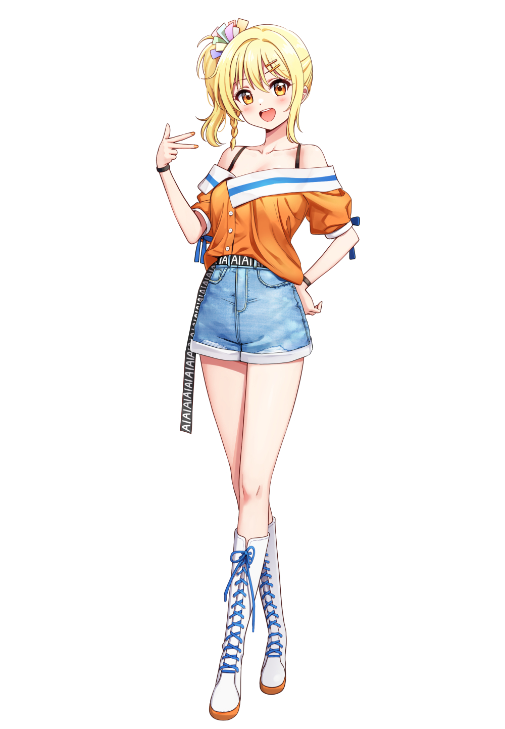 1girl, :d, belt, black_belt, blonde_hair, blush, boots, collarbone, commentary, deadnooodles, denim, denim_shorts, full_body, hair_ornament, hairclip, hand_up, highres, knee_boots, lace-up_boots, long_belt, looking_at_viewer, love_live!, love_live!_nijigasaki_high_school_idol_club, miyashita_ai, off-shoulder_shirt, off_shoulder, open_mouth, orange_eyes, orange_shirt, ponytail, puffy_short_sleeves, puffy_sleeves, shirt, shirt_tucked_in, short_shorts, short_sleeves, shorts, side_ponytail, smile, solo, untranslatable_commentary, teeth, upper_teeth_only, w, white_background, white_boots