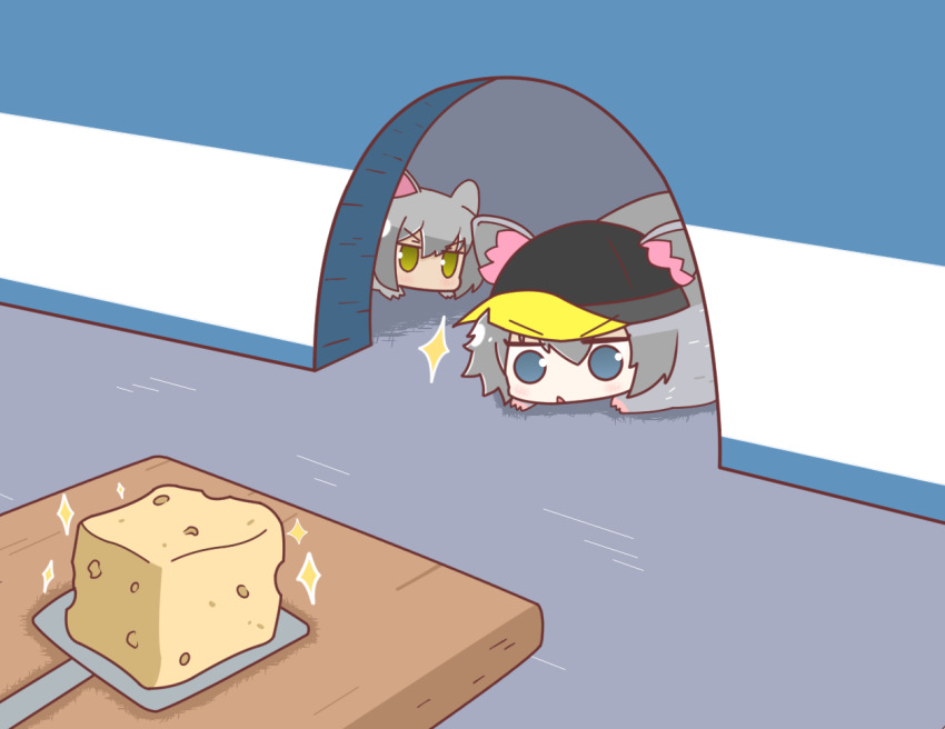 2girls, animal_ears, arknights, baseball_cap, black_headwear, blue_eyes, cheese, click_(arknights), commentary, english_commentary, food, green_eyes, grey_hair, hair_between_eyes, hat, indoors, mouse_(animal), mouse_ears, mousetrap, multiple_girls, naga_u_(style), open_mouth, parody, ponyupdaddy, scavenger_(arknights), short_hair, sparkle, style_parody