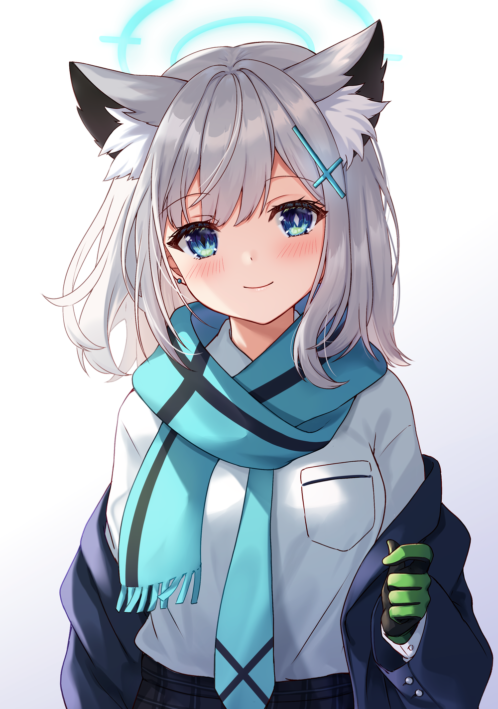 1girl, animal_ear_fluff, animal_ears, black_gloves, black_jacket, black_skirt, blue_archive, blue_eyes