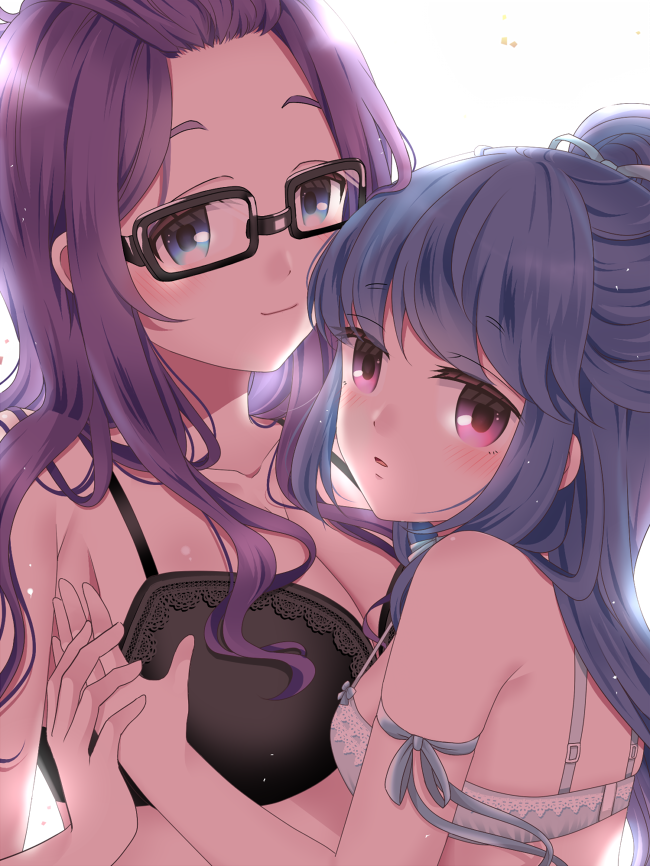 00mikkyway00_(darowaiyo), 2girls, armband, bangs_pinned_back, black_bra, blue_bra, blue_eyes, bra, breasts, cleavage, closed_mouth, collarbone, commentary_request, glasses, hair_ribbon, hand_on_another's_chest, kagamihara_sakura, large_breasts, long_hair, multiple_girls, parted_lips, purple_hair, ribbon, shima_rin, sidelocks, simple_background, small_breasts, smile, underwear, upper_body, wavy_hair, white_background, yuri, yurucamp