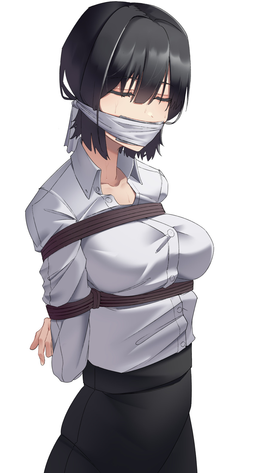 1girl, absurdres, bdsm, black_hair, black_skirt, bondage, bound, breasts