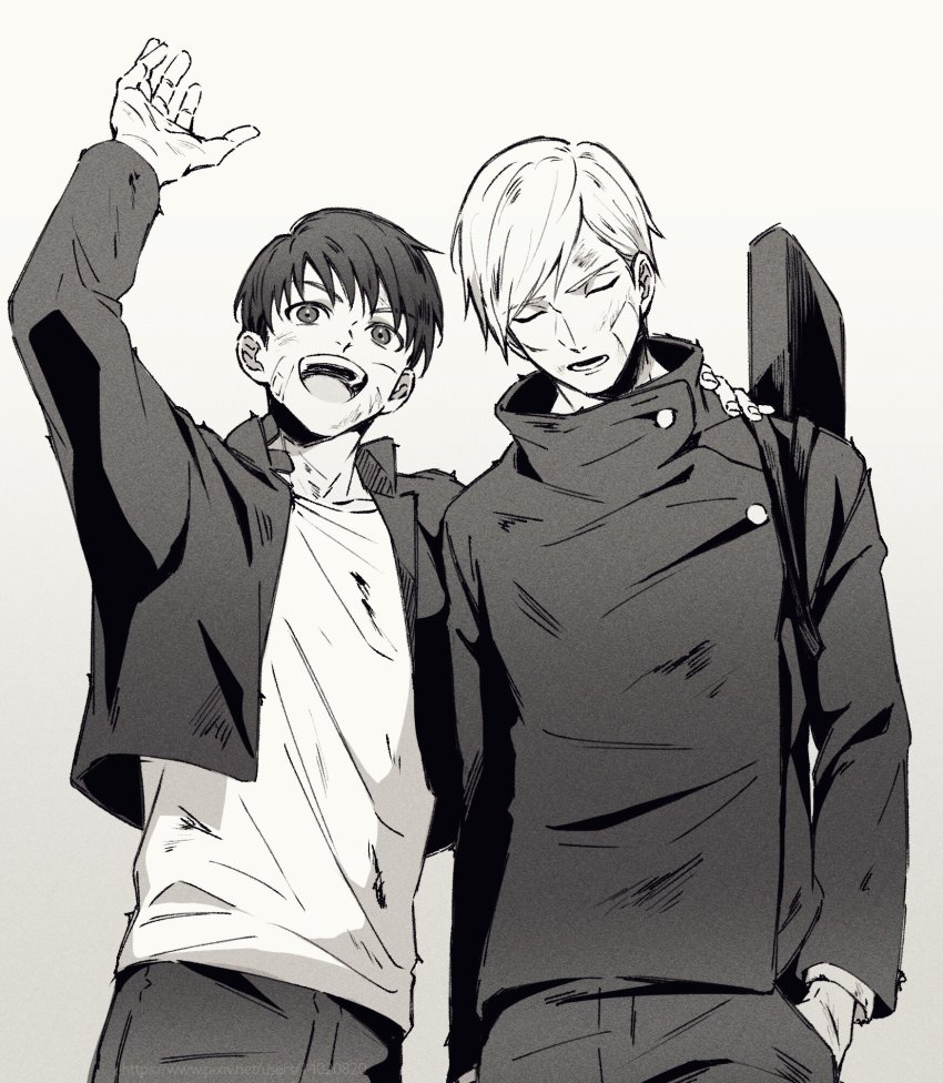 2boys, black_eyes, black_hair, black_pants, black_shirt, blonde_hair, bruise, closed_eyes