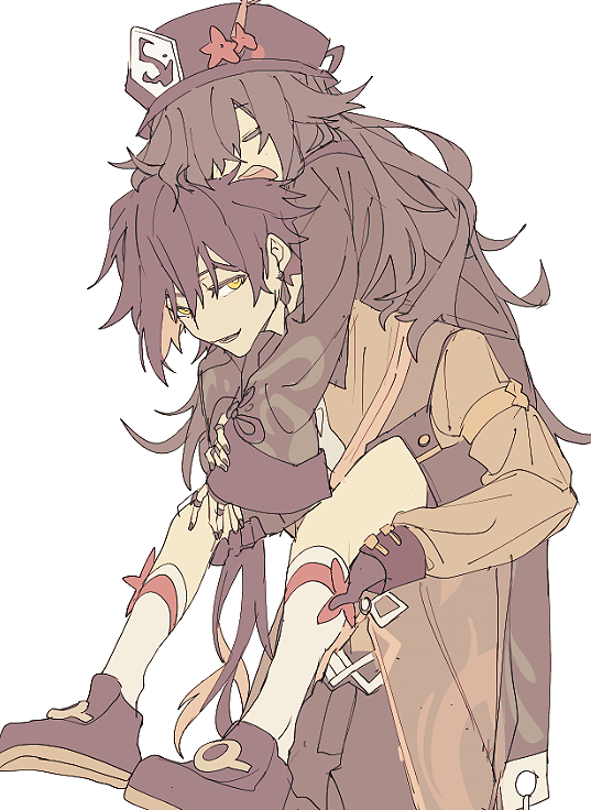 1boy, 1girl, brown_hair, carrying, closed_eyes, genshin_impact, gloves, half-closed_eyes, hamha_s, hu_tao_(genshin_impact), jewelry, long_sleeves, open_mouth, piggyback, ponytail, ring, shoes, shorts, simple_background, sleeping, smile, socks, white_background, yellow_eyes, zhongli_(genshin_impact)