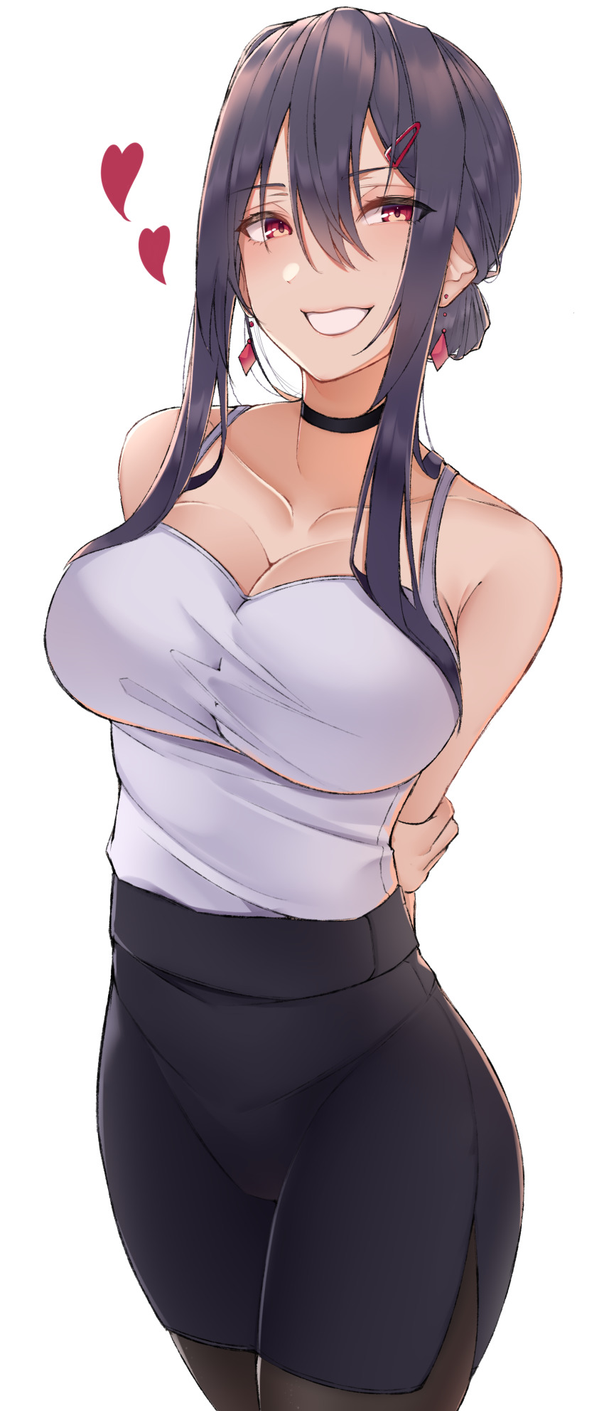 1girl, absurdres, arms_behind_back, black_choker, black_pantyhose, black_skirt, breasts, choker, cleavage, collarbone, earrings, feet_out_of_frame, hair_ornament, harris_hero, heart, heart_print, highres, jewelry, large_breasts, long_hair, office_lady, open_mouth, original, pantyhose, pencil_skirt, purple_hair, red_eyes, sayaka_(harris_hero), shirt, skirt, smile, solo, standing, white_background, white_shirt