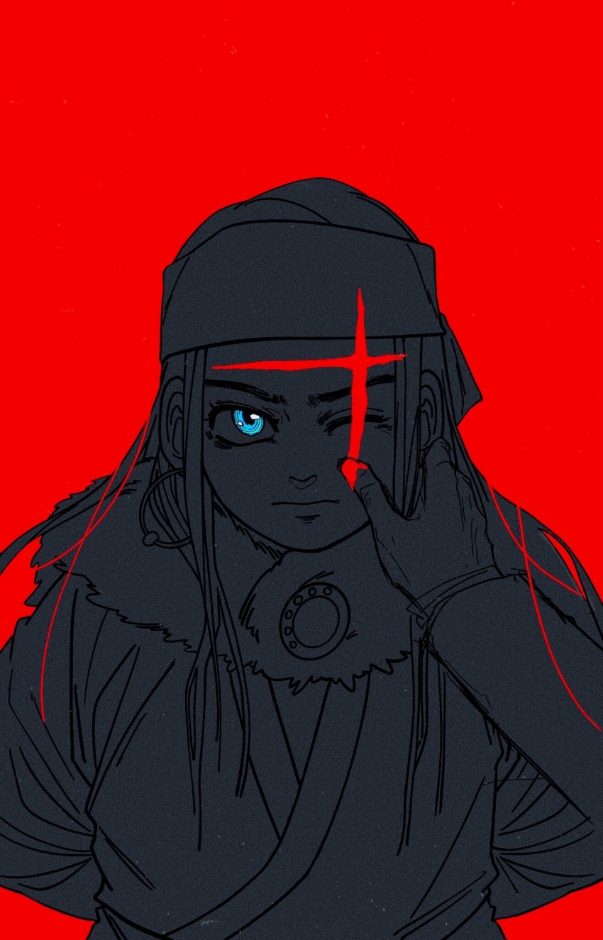 1girl, ainu, ainu_clothes, asirpa, blood, blood_on_face, blue_eyes, cape, cosplay, earrings, fur_cape, golden_kamuy, guaguapiu, highres, jewelry, long_hair, long_sleeves, looking_at_viewer, red_background, red_theme, scar, sketch, solo, spot_color, wilk_(golden_kamuy), wilk_(golden_kamuy)_(cosplay)