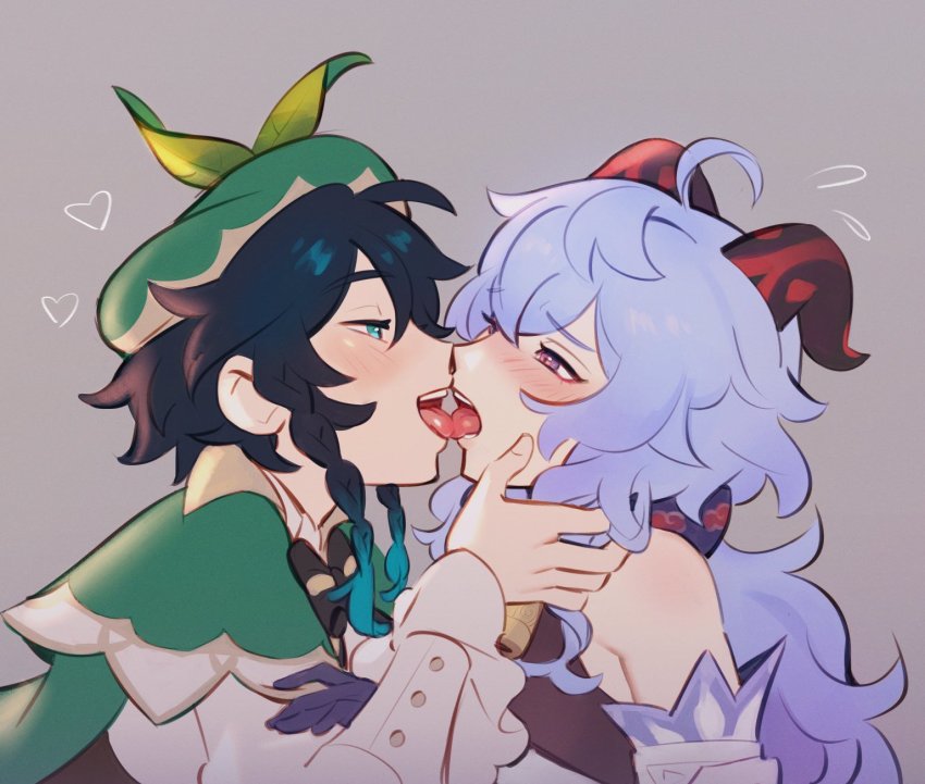 1boy, 1girl, androgynous, aqua_eyes, bad_id, bad_twitter_id, bare_shoulders, black_hair, blue_hair, blush, braid, embarrassed, eye_contact, flying_sweatdrops, french_kiss, ganyu_(genshin_impact), genshin_impact, gloves, goat_horns, grey_background, half-closed_eyes, hat, heart, hetero, highres, horns, kiss, lilyglazed, long_hair, long_sleeves, looking_at_another, pale_skin, purple_eyes, sweat, tongue, tongue_out, twin_braids, upper_body, venti_(genshin_impact)