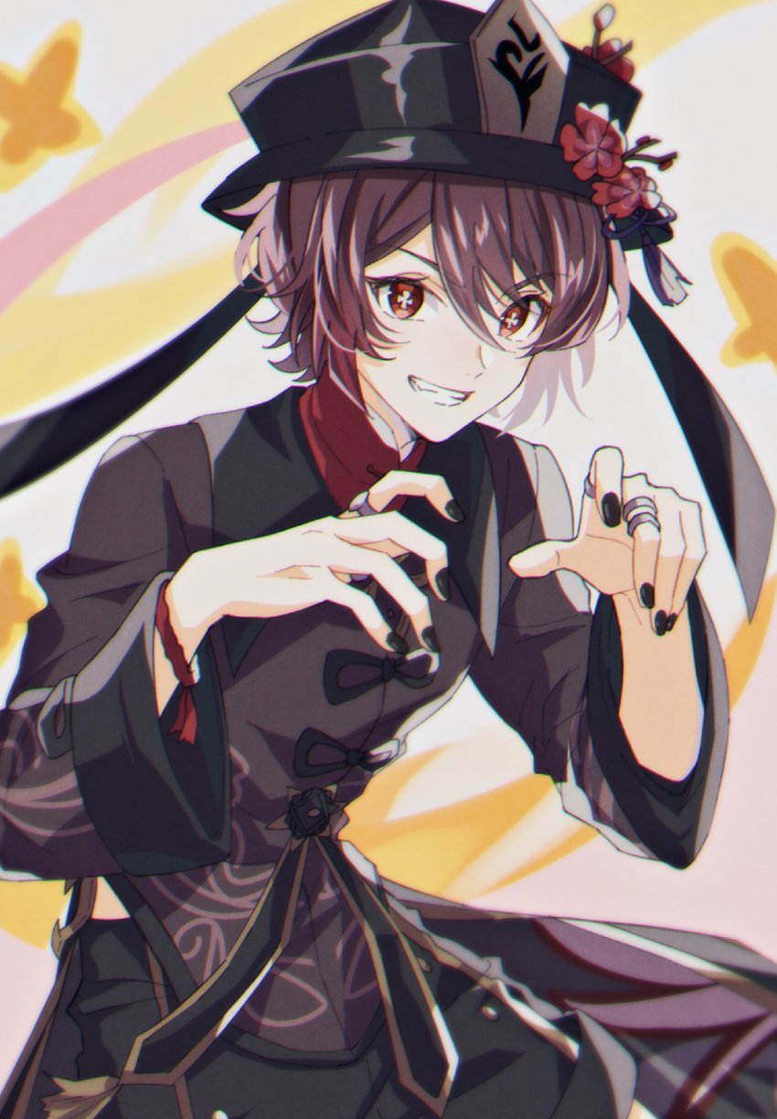 1boy, black_hat, black_nails, black_pants, brown_hair, chinese_clothes, claw_pose, commentary