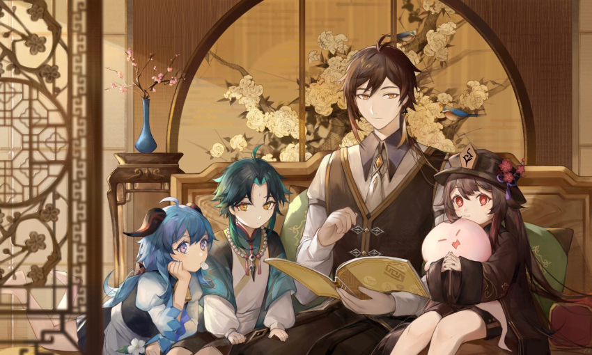 2boys, 2girls, aged_down, ahoge, aqua_hair, architecture, bead_necklace, beads