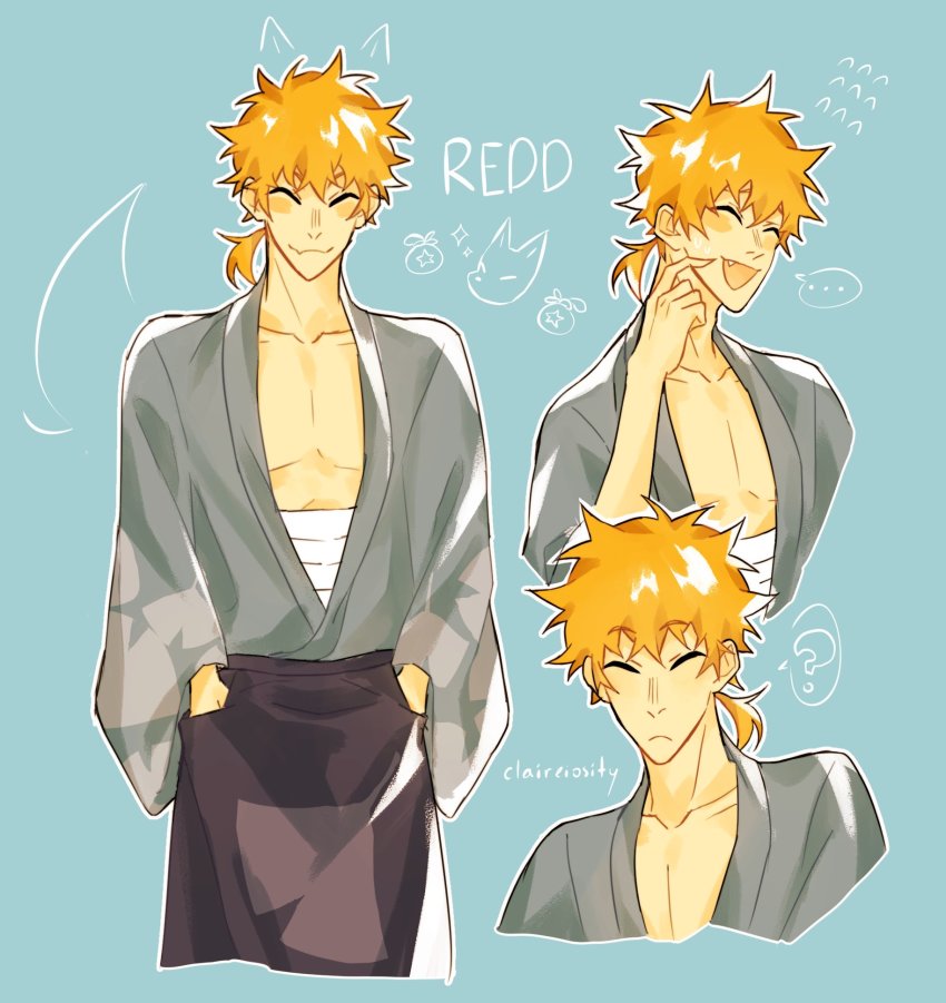 1boy, ?, animal_crossing, animal_ears, bandages, bandaged_stomach, blue_background, character_name