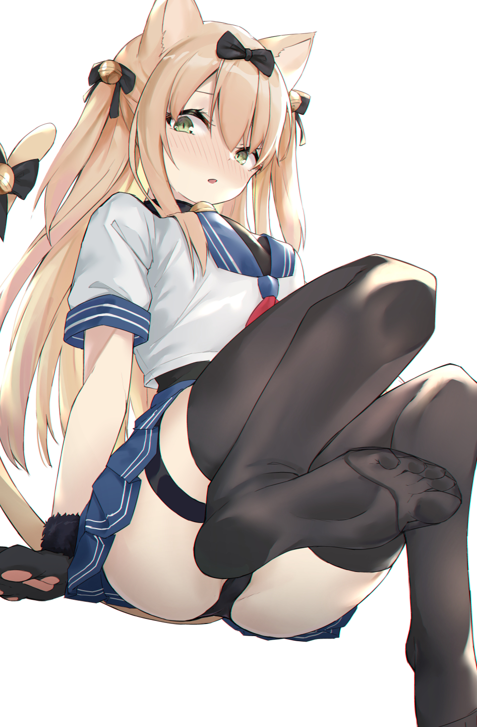 0shino, 1girl, :o, animal_ears, animal_hands, ass, bell, black_bow, black_gloves, black_panties, black_thighhighs, blonde_hair, blue_skirt, blush, bow, breasts, cat_ears, cat_girl, cat_tail, feet, foot_focus, foreshortening, girls'_frontline, gloves, green_eyes, hair_between_eyes, hair_bow, hair_ornament, highres, jingle_bell, long_hair, looking_at_viewer, no_shoes, official_alternate_costume, panties, paw_gloves, pleated_skirt, sailor_collar, school_uniform, shirt, short_sleeves, simple_background, sitting, skirt, soles, solo, tail, thigh_strap, thighhighs, thighs, tmp_(girls'_frontline), tmp_(meow_prism_power)_(girls'_frontline), toes, two_side_up, underwear, white_background, white_shirt