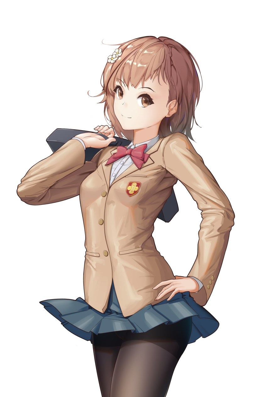 1girl, absurdres, bag, black_bag, black_pantyhose, blazer, bob_cut, bow