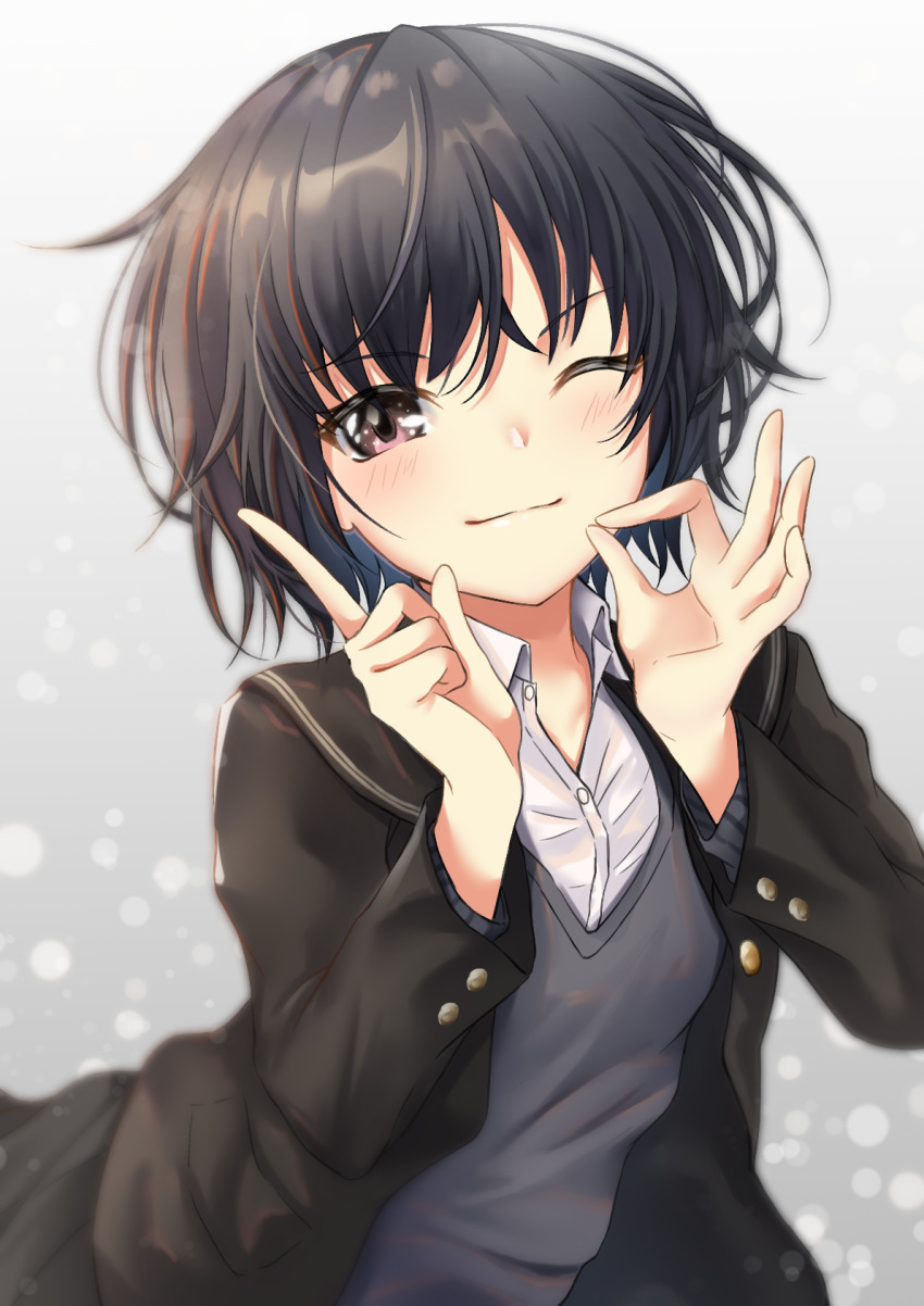 1girl, amagami, black_hair, black_jacket, blazer, blush, brown_eyes, commentary