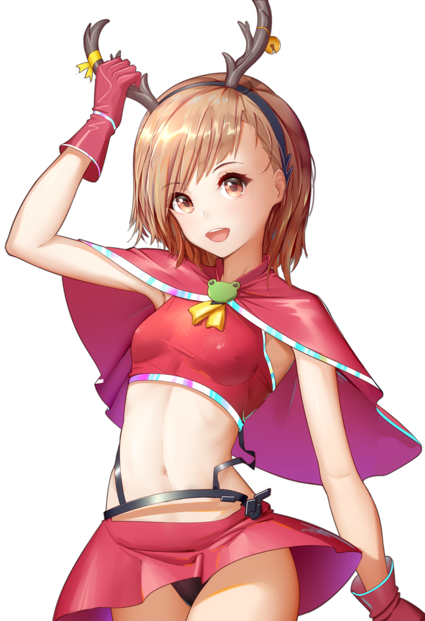 1girl, antlers, arm_at_side, armpits, bell, black_panties, bob_cut, breasts, brown_eyes, brown_hair, capelet, chinese_commentary, christmas, commentary_request, contrapposto, covered_erect_nipples, cowboy_shot, crop_top, gekota, gloves, hair_strand, hand_on_headwear, hd-hlh-3h, highres, horns, jingle_bell, looking_at_viewer, microskirt, midriff, misaka_mikoto, navel, no_bra, open_mouth, panties, panty_peek, red_capelet, red_gloves, red_skirt, reindeer_antlers, ribbon, simple_background, skirt, sleeveless, small_breasts, smile, solo, teeth, toaru_kagaku_no_railgun, toaru_majutsu_no_index, underwear, upper_teeth_only, upskirt, white_background, wind, wind_lift, yellow_ribbon