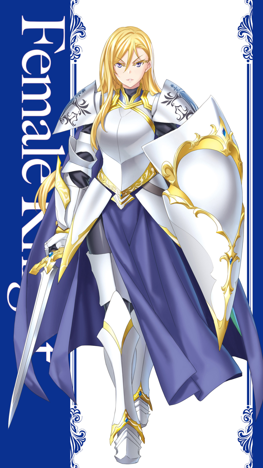 1girl, absurdres, armor, blonde_hair, blue_eyes, breasts, cape, female_knight, female_knight_(goblin_slayer!), full_armor, goblin_slayer!, highres, kannatsuki_noboru, knight, long_hair, official_art, ponytail, shield, swimsuit, sword, weapon