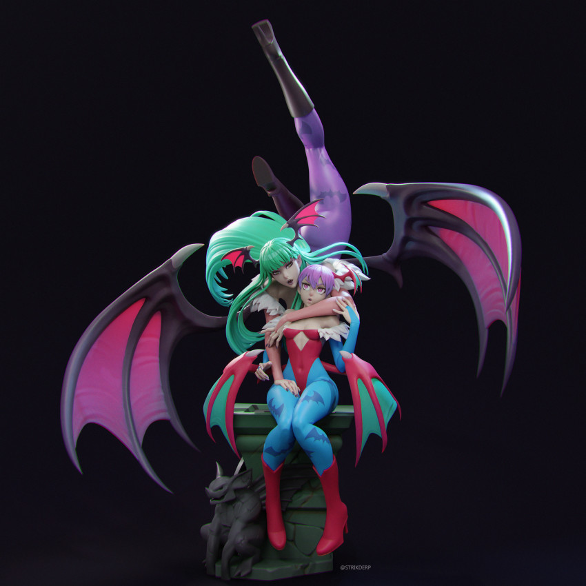 2girls, 3d, animal_print, bat_print, bat_wings, blue_pantyhose, breasts, bridal_gauntlets, cleavage, cody_bunt, demon_girl, floating, green_hair, head_wings, highres, hug, hug_from_behind, leotard, lilith_(darkstalkers), long_hair, low_wings, md5_mismatch, morrigan_aensland, multiple_girls, pantyhose, print_legwear, purple_hair, purple_legwear, purple_wings, short_hair, darkstalkers, wings