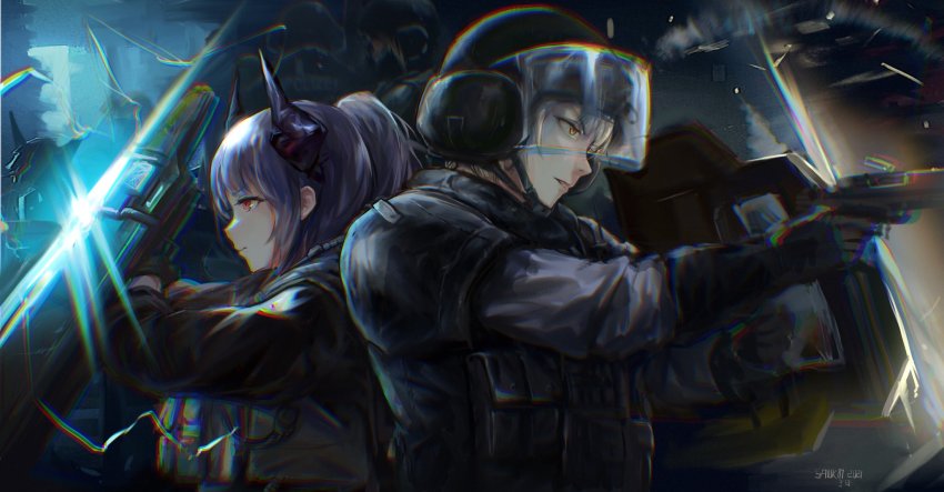 1boy, 1girl, arknights, back-to-back, ballistic_face_shield, ballistic_helmet, ballistic_shield, blitz_(rainbow_six_siege)